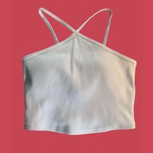 Women's White Ribbed Yoga Cropped Halter Bra Top-Size‎ Small